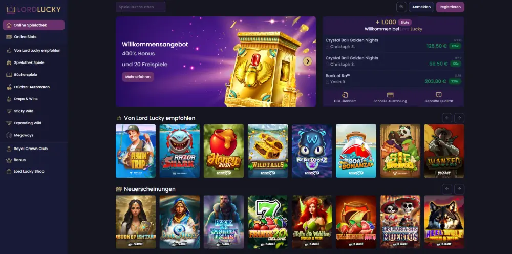 Lord Lucky Casino Startseite - GGL-lizenziertes Online Casino Deutschland