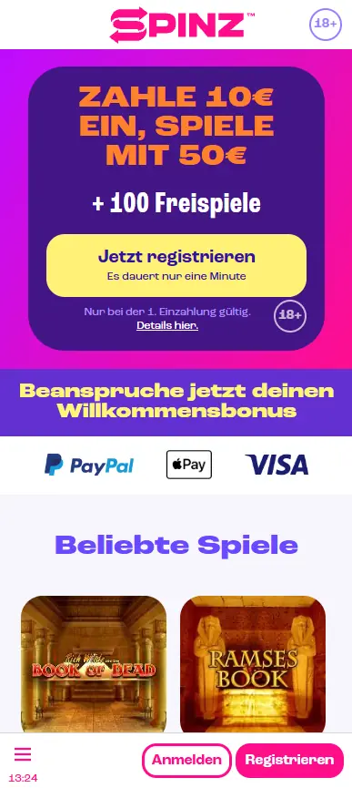 Spinz Casino Deutschland Homepage - Mobile-Ansicht